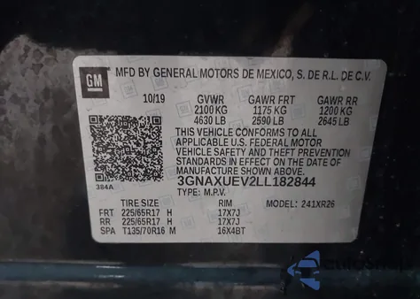 2020 Chevrolet Equinox Awd Lt 1.5L Turbo from USA, damaged, VIN 3GNAXUEV2LL182844